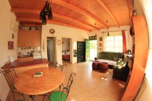 バラトンセメッシュにあるSzőlőhegyi házikó - Cottage in the vineyardのキッチン、木製の天井のリビングルーム