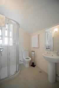 a bathroom with a shower and a toilet and a sink at Horta Garden in Horta