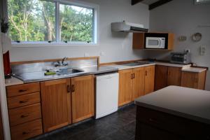 
a kitchen with a sink, stove and a window at Punehu Stream Cottage in Opunake

