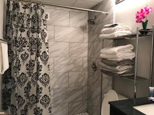 La salle de bains est pourvue d'une douche avec rideau de douche. dans l'établissement Wine Down Downtown ATL 14J, à Atlanta