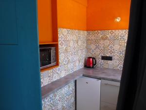 una pequeña cocina con encimera y microondas en Sous les chênes, en Provence, en Eyragues