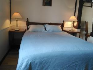 a bedroom with a large bed with blue sheets and two lamps at Gites de la Chesnée in Glanville