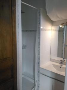 La salle de bains est pourvue d'une douche et d'un lavabo. dans l'établissement Gites de la Chesnée, à Glanville