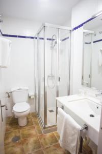 y baño con ducha, aseo y lavamanos. en Hostal Santa Catalina, en Conil de la Frontera