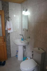 a bathroom with a sink and a toilet and a mirror at Naz Apartlari Cirali in Cıralı