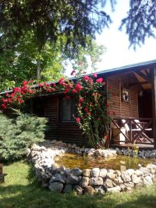 uma cabana de madeira com um lago com rosas à sua frente em Rajski vrt em Vrdnik