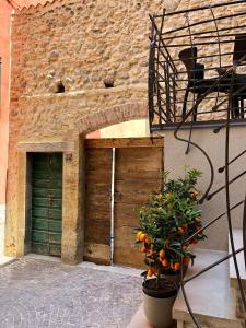 a building with a wooden garage door with a plant at Benaco36 in Torri del Benaco