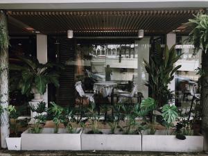 a restaurant with plants in front of a window at Siam Nitra Boutique Hotel in Bangkok