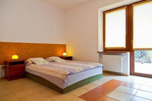 a bedroom with a large bed and two windows at Willa Reda in Świnoujście