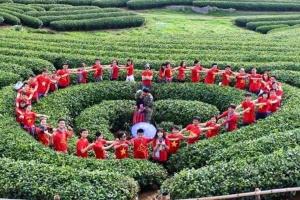 a group of people standing in a hedge maze at Nhà Nghỉ Hạnh Phúc in Mộc Châu
