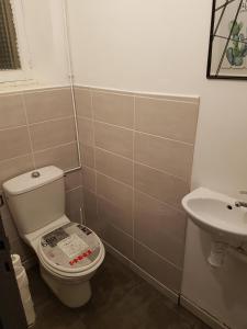 La salle de bains est pourvue de toilettes et d'un lavabo. dans l'établissement Chez Souka, à Carcassonne