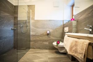 a bathroom with a shower and a toilet and a sink at Grafenberg Chalet in Wagrain