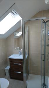 uma casa de banho com um chuveiro, um lavatório e um espelho. em Butt Lodge em Lochranza