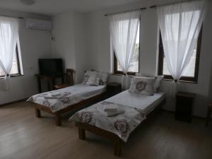a room with two beds and a tv and windows at Aleksandrovo Apartments in Aleksandrovo
