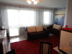 a living room with a couch and two windows at Apartament Nad Czosem in Mrągowo