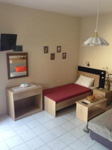 a room with a bed and two tables and a bed sidx sidx sidx at Palmira Apartments in Makry Gialos