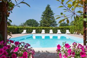 a swimming pool with lounge chairs and flowers at Tenuta De Fanti Agriturismo in Bibbona