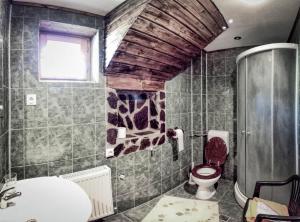 La salle de bains est pourvue de toilettes, d'une douche et d'un lavabo. dans l'établissement MotoCamp Cisnadioara - only for bikers!, à Cisnădioara