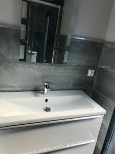 
a white sink sitting under a mirror in a bathroom at Houseboat Porta Mare III in Świnoujście
