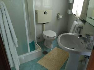 La salle de bains est pourvue de toilettes, d'un lavabo et d'une douche. dans l'établissement Residencial Retiro Sra. da Luz, à Ponte de Lima