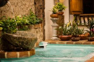 a swimming pool with a fountain and potted plants at Casa Del Reloj in Medellín