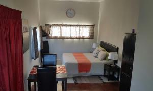 ein Schlafzimmer mit einem Bett und einer Uhr an der Wand in der Unterkunft Beachway Guesthouse in Port Elizabeth