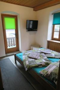 a bedroom with two beds and a tv on the wall at SnowBunnys BackPackers Hostel in Kitzbühel