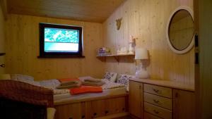 a small bedroom with a bed and a mirror at Bory Tucholskie Domek in Skorzenno