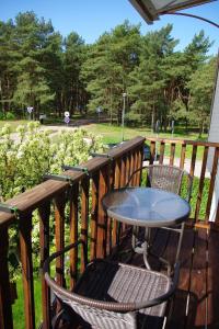 a table and two chairs on a deck with a table at Pas Aldona in Palanga