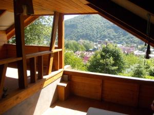 a room with a window with a view of a mountain at Slagora Apartment in Yaremche