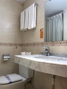 a bathroom with a sink and a toilet and a mirror at Hotel Refugi dels Isards in Pas de la Casa