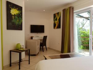1 dormitorio con cama, mesa y TV en Private Hôtel - Adult Only en Porto Vecchio