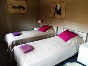 two beds in a hotel room with pink pillows at Brīvdienu māja Atvari in Jūrkalne