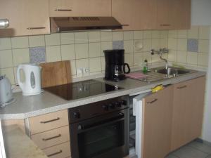 a kitchen with a sink and a stove top oven at Gästehaus Moleblick in Uhldingen-Mühlhofen