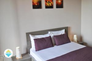 コンスタンツァにあるAntos Deluxe Apartmentのベッドルーム1室(紫と白の枕が備わるベッド1台付)
