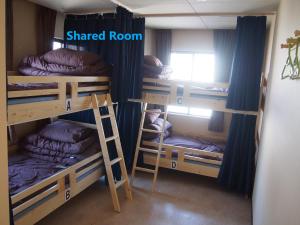 Guest House Sonomama في كوفو: غرفة نوم بها ثلاثة أسرة بطابقين