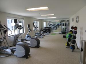 a gym with rows of exercise bikes and treadmills at The Alexander, A Dolce Hotel in Indianapolis