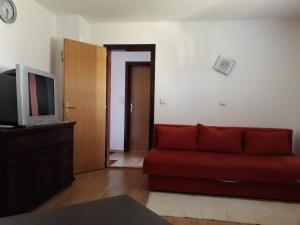 a living room with a red couch and a television at Apartments Markoni in Zlatibor