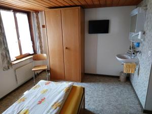 Habitación hospitalaria con cama y lavabo en Gasthaus zum Ochsen, en Neuhaus