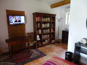 ein Wohnzimmer mit einem TV und einem Bücherregal in der Unterkunft La Coudoulière in Saint-Rémy-de-Provence
