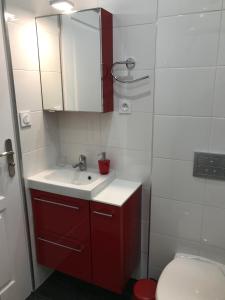 レ・ゼルビエにあるChambres d'hôtes La Rose Des Sablesのバスルーム(赤い洗面台、トイレ付)