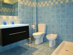 een blauw betegelde badkamer met een toilet en een wastafel bij Casa Nostos in Vasiliki
