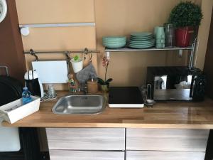 a kitchen counter with a sink and a microwave at La Beverita in Ventimiglia +31 photos