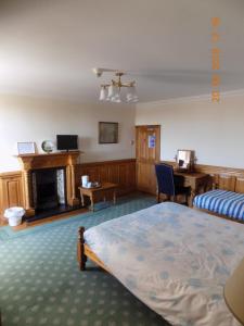 a bedroom with a bed and a desk and a fireplace at The Londesborough Arms bar with en-suite rooms in Market Weighton