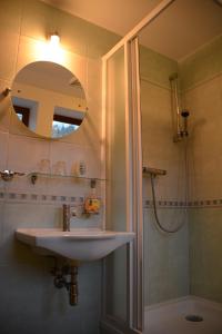 La salle de bains est pourvue d'un lavabo, d'une douche et d'un miroir. dans l'établissement Penzion Art kutna Hora, à Kutná Hora