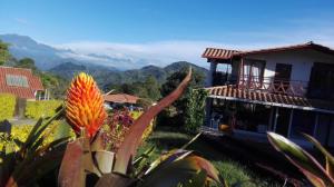 a flower in front of a house with mountains in the background at Casa Rural La Boira in Jardin