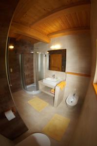 a bathroom with a sink and a shower and a toilet at Gościniec Leszczyniec in Stronie Śląskie