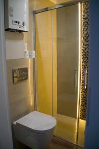 シフィドニクにあるMieszkanie Świdnikのバスルーム(トイレ、ガラス張りのシャワー付)