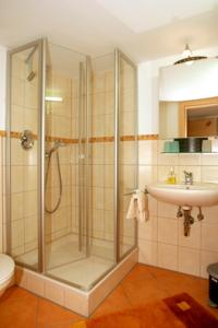 a bathroom with a shower and a sink at Apart Wehrmeister in Jungholz