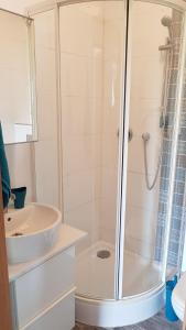 een badkamer met een douche en een wastafel bij Apartment Balaton in Siófok +21 foto's
